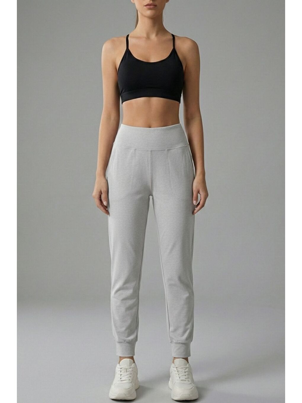 Gri Kadın Eşofman Yüksek Bel Jogger Scuba Kumaş Cepli Rahat Kesim Jogger Eşofman Altı-1