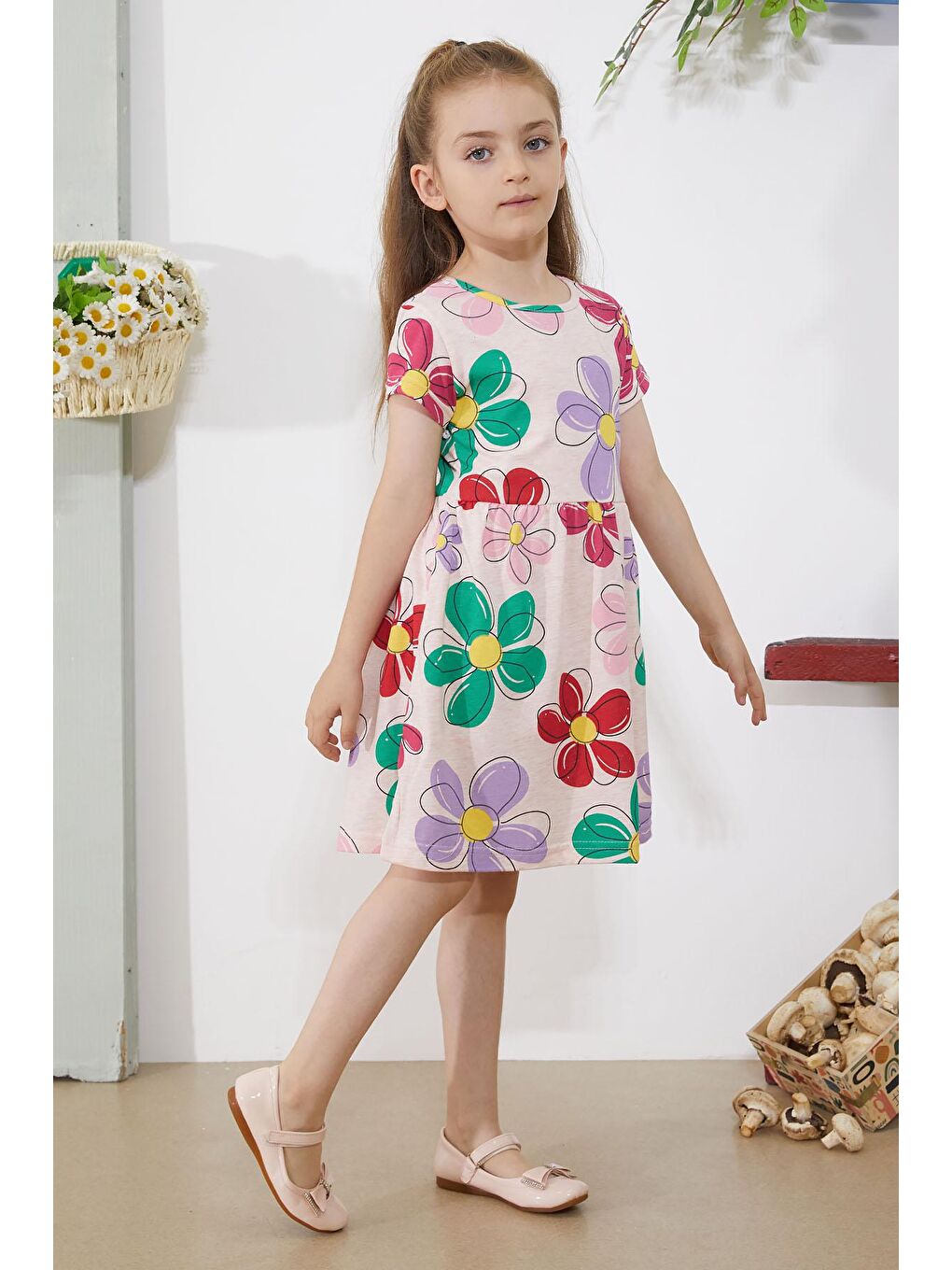 Ekru Krem Çiçek Baskılı Kısa Kollu Kız Çocuk Elbise 18797-3