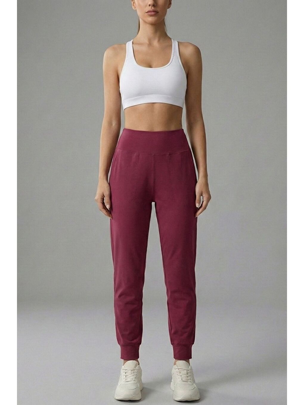 Bordo Kadın Eşofman Yüksek Bel Jogger Scuba Kumaş Cepli Rahat Kesim Jogger Eşofman Altı-1