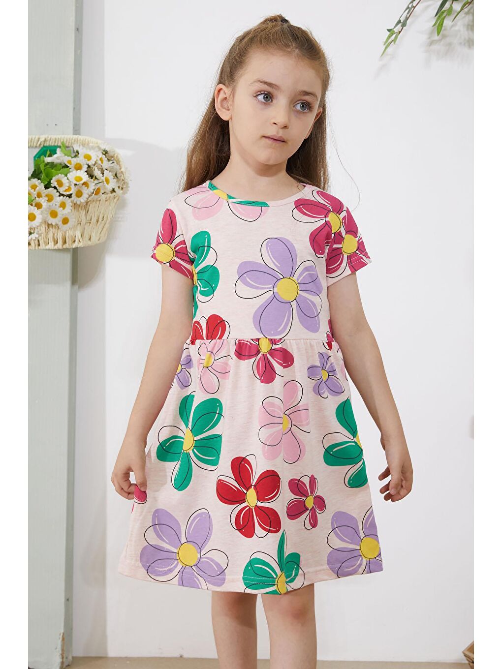 Ekru Krem Çiçek Baskılı Kısa Kollu Kız Çocuk Elbise 18797-4
