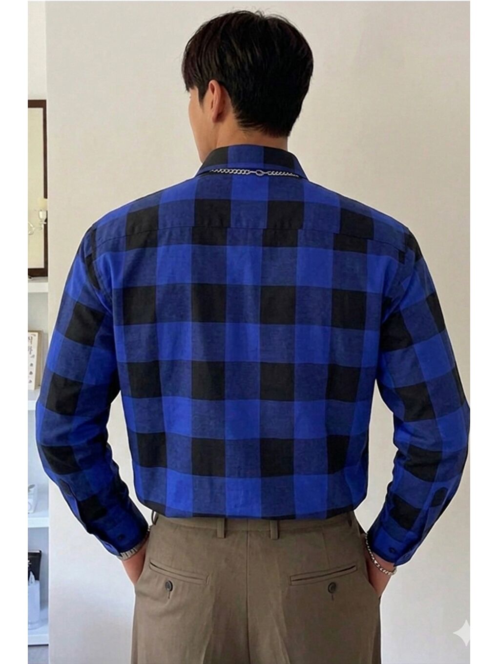 Lacivert Erkek Ekose-Kareli Gömlek Slim Fit Pamuk Karışımlı Klasik Tarz Uzun Kollu Gömlek-1