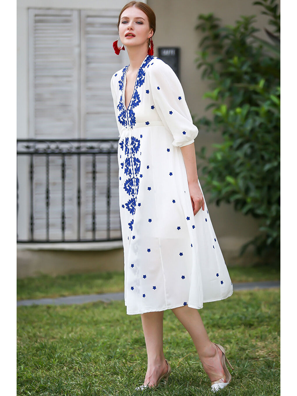 Beyaz Bohem Nakışlı Dokuma Elbise-3