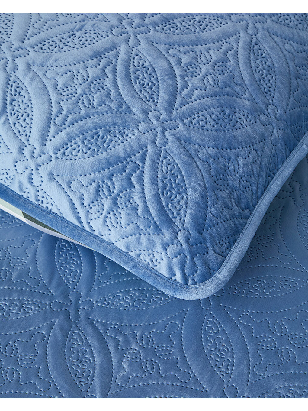 Ornate Check Çift Taraflı Kadife Tek Kişilik Yatak Örtüsü Takımı Koyu Mavi-3