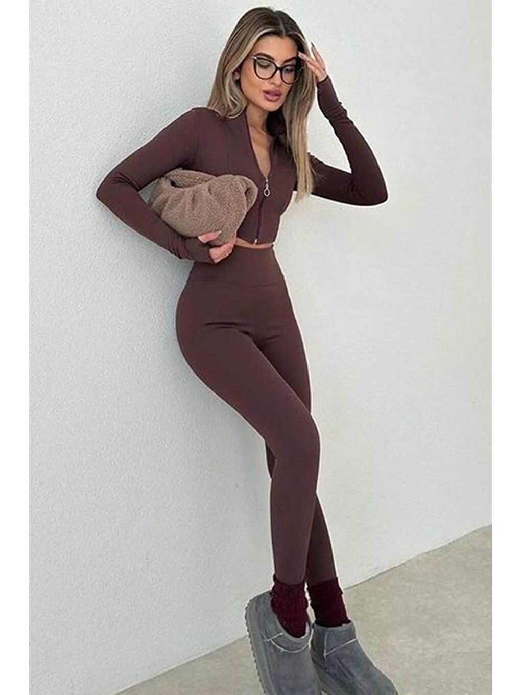 Koyu Kahverengi Yüksek Bel Kadın Fitilli Tayt Mg1625