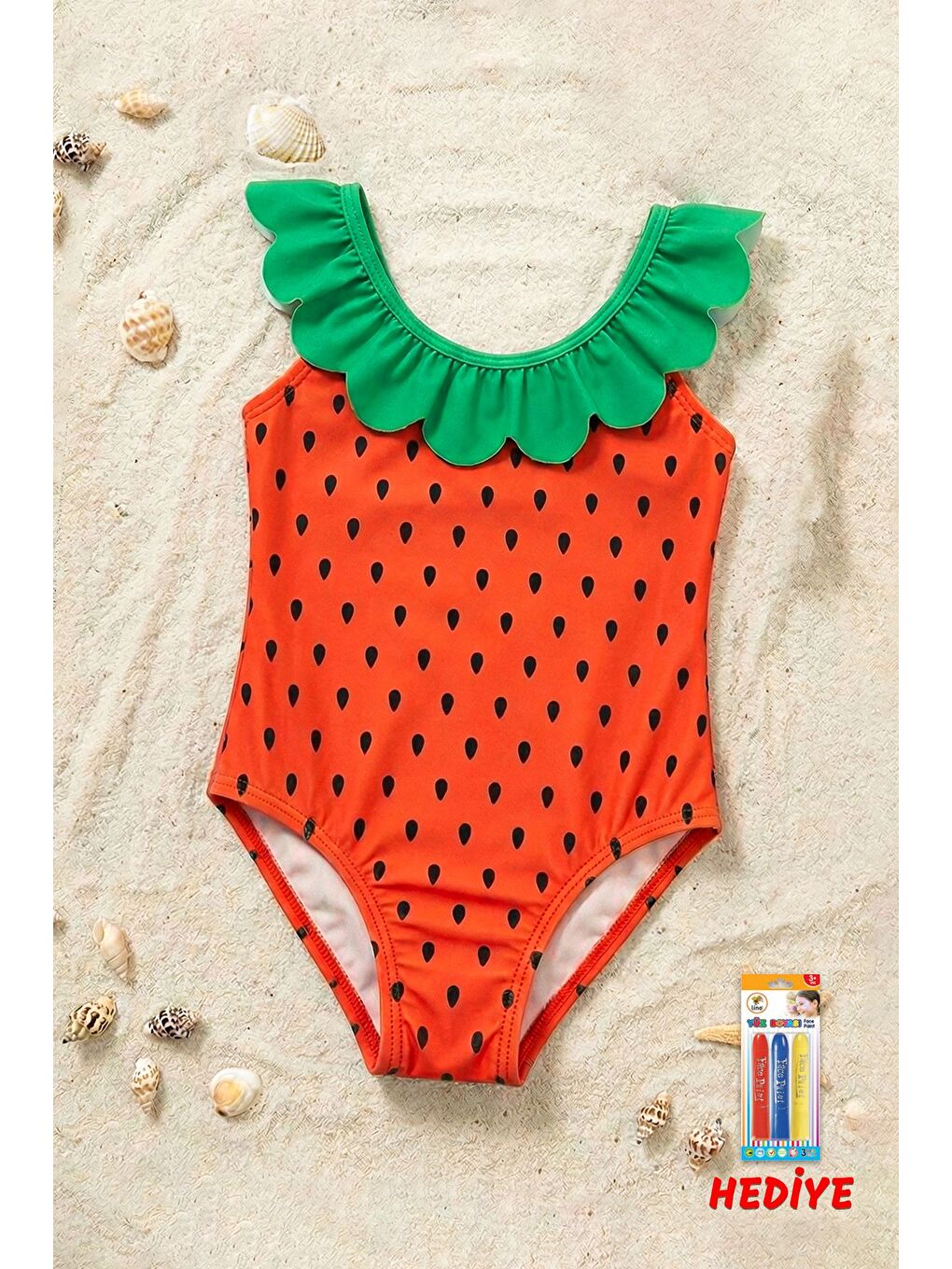 Kırmızı Kız Çocuk Fırfırlı Karpuz Desenli Mayo - Yüz Boyama Kalemi Hediyeli-1