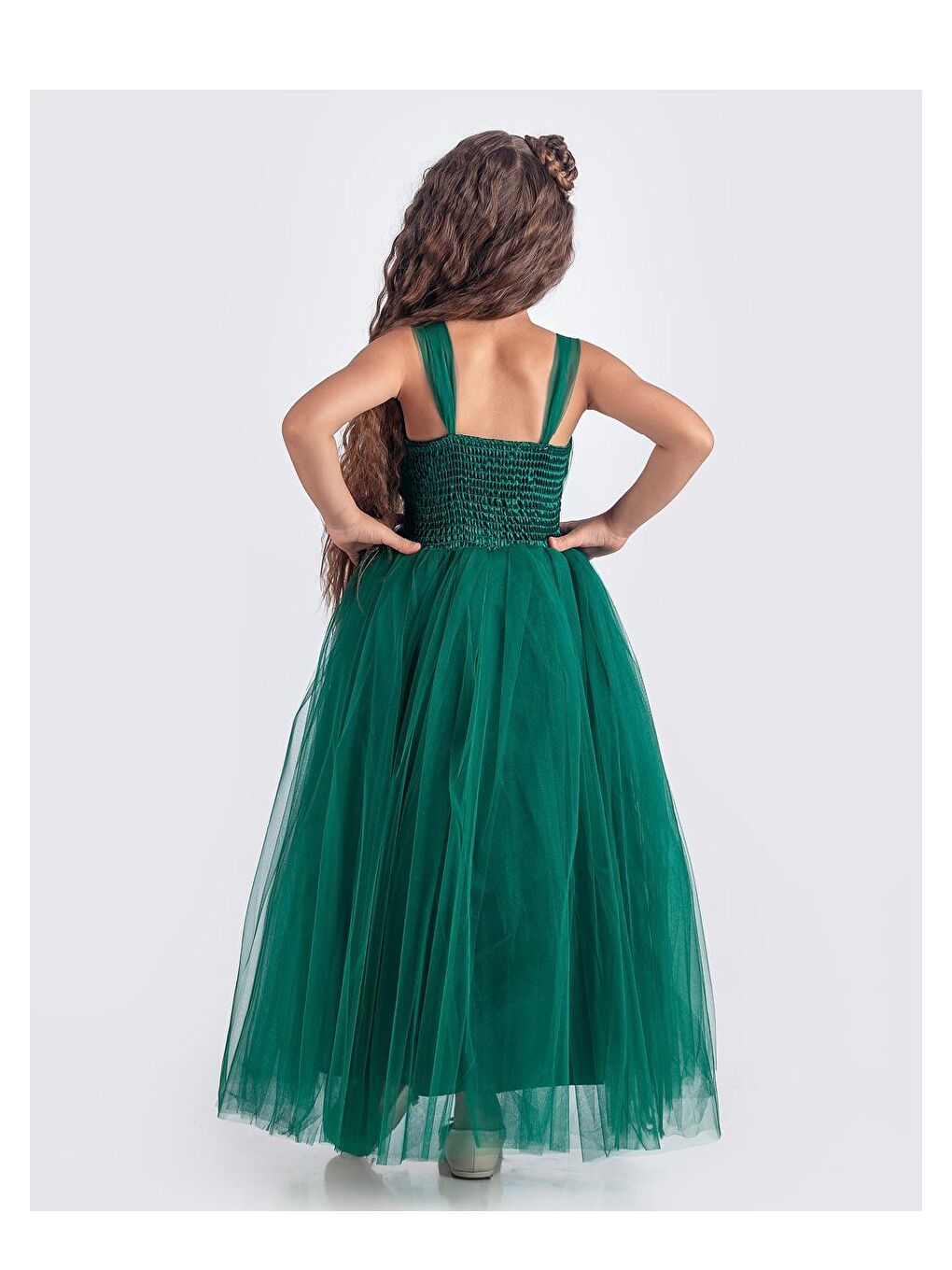 Yeşil Sırt Gipeli Tütü Etek Kız Çocuk Saten Parti Abiye Elbise-2
