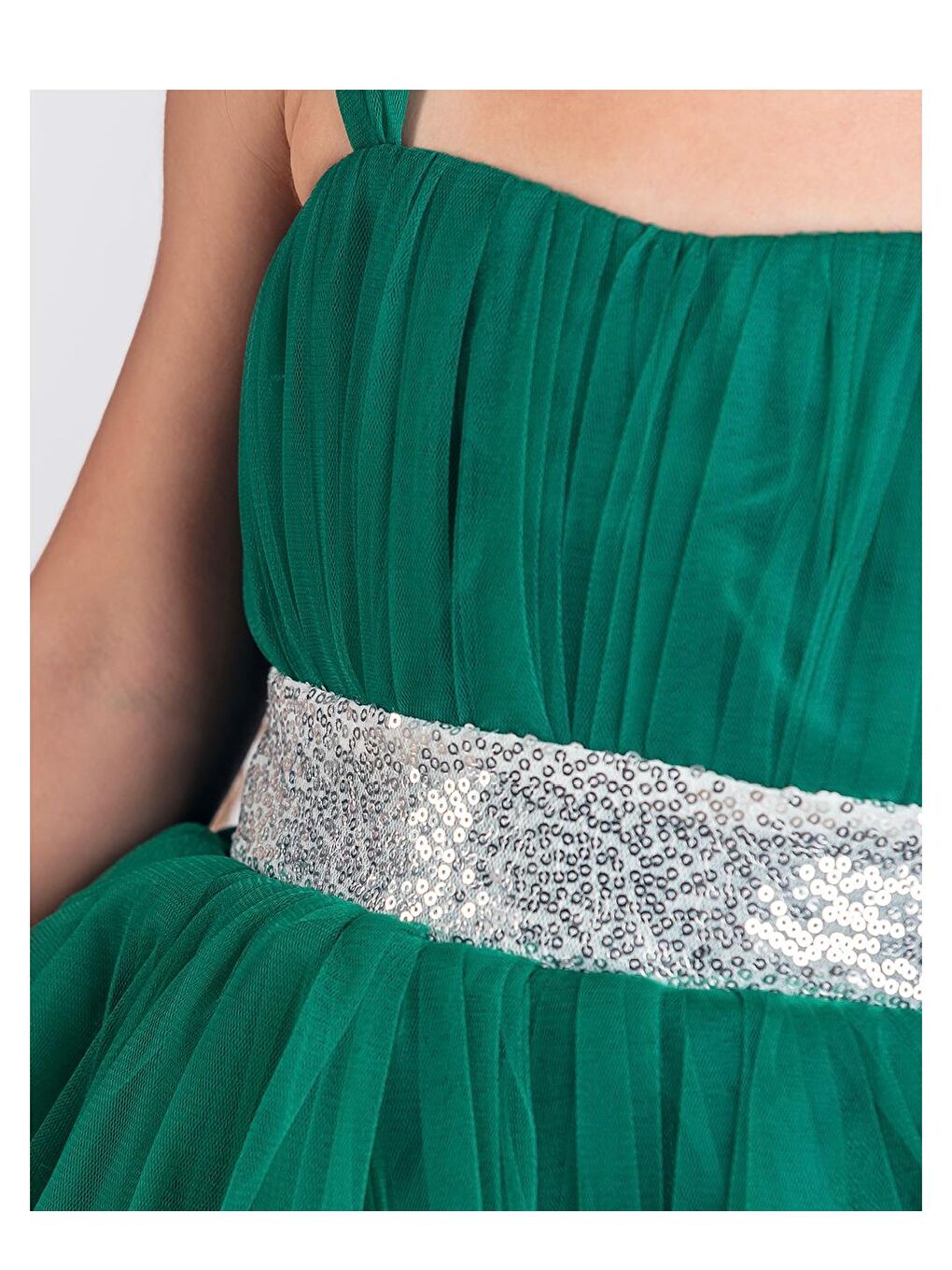 Yeşil Sırt Gipeli Tütü Etek Kız Çocuk Saten Parti Abiye Elbise-3