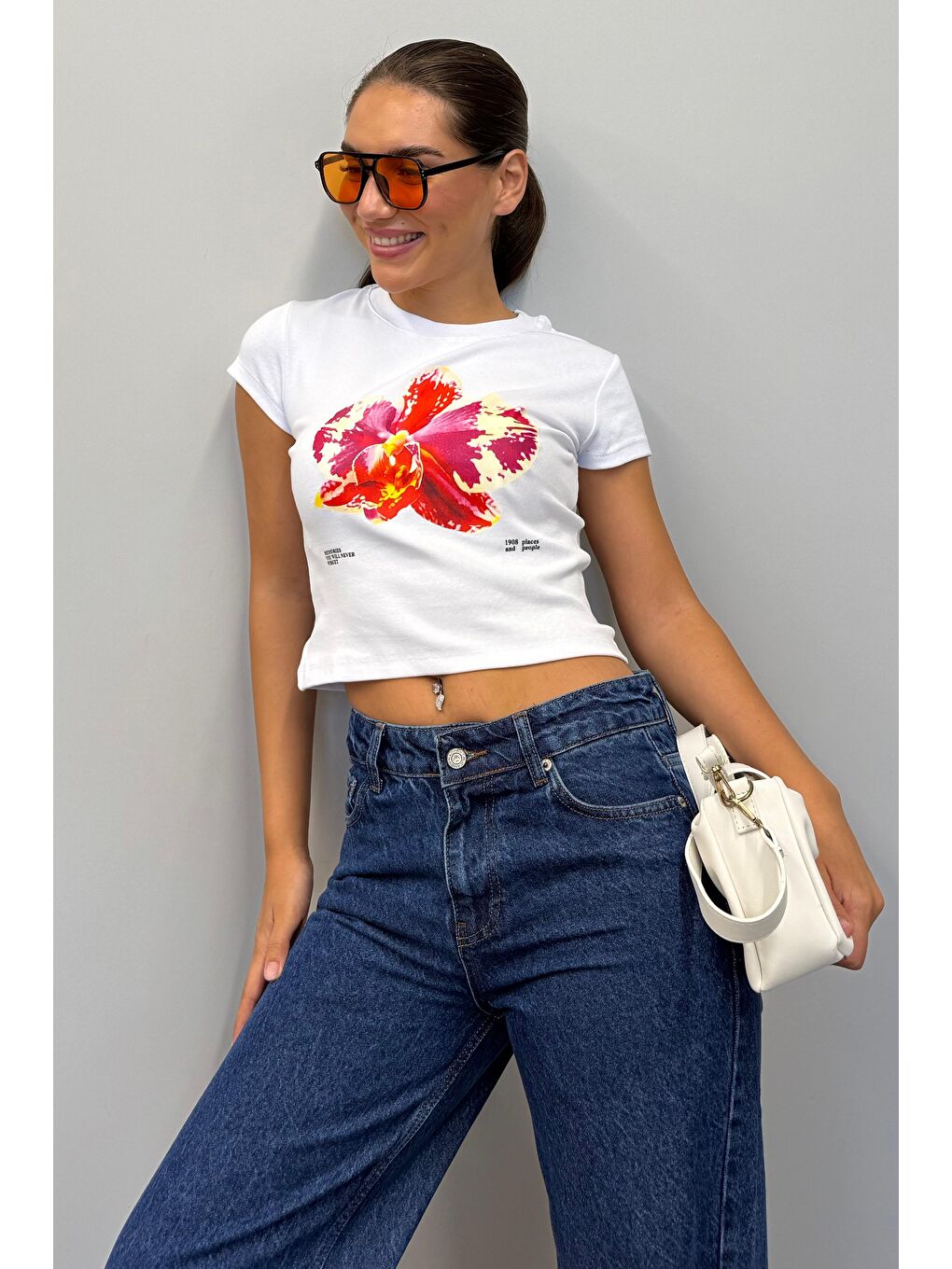 Beyaz Baskılı Kadın Tişört Mg2492-5