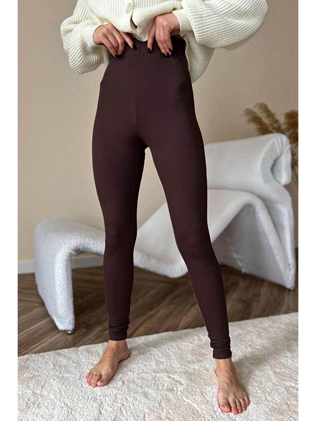 Koyu Kahverengi Yüksek Bel Kadın Fitilli Tayt Mg1625-3