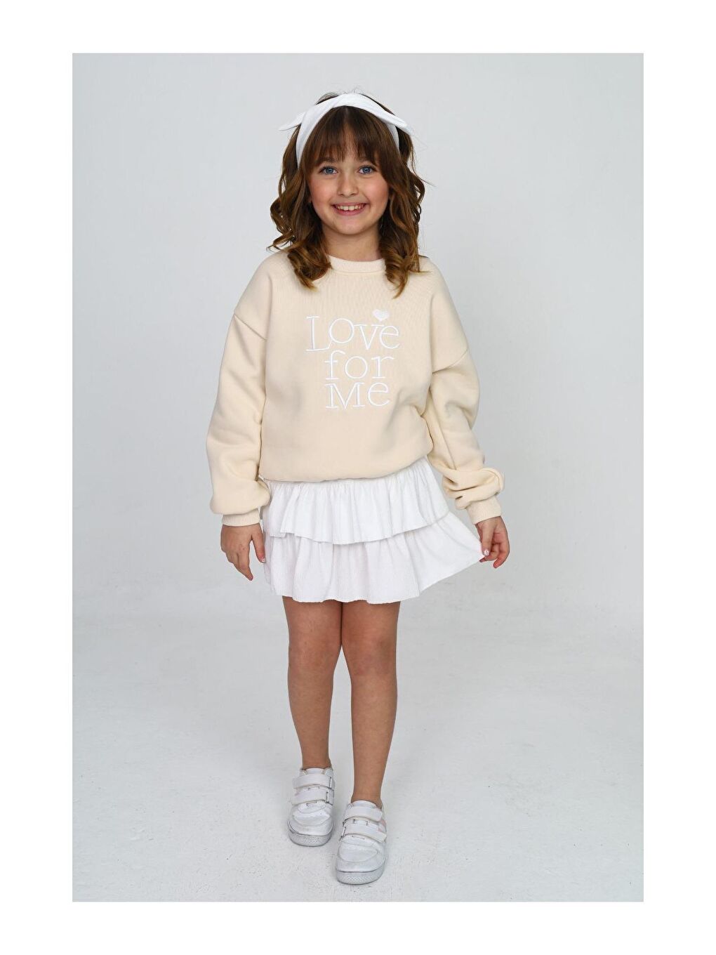 Ekru Bandanalı Etekli Tarz Kız Çocuk Takımı (Üst Üç İplik )