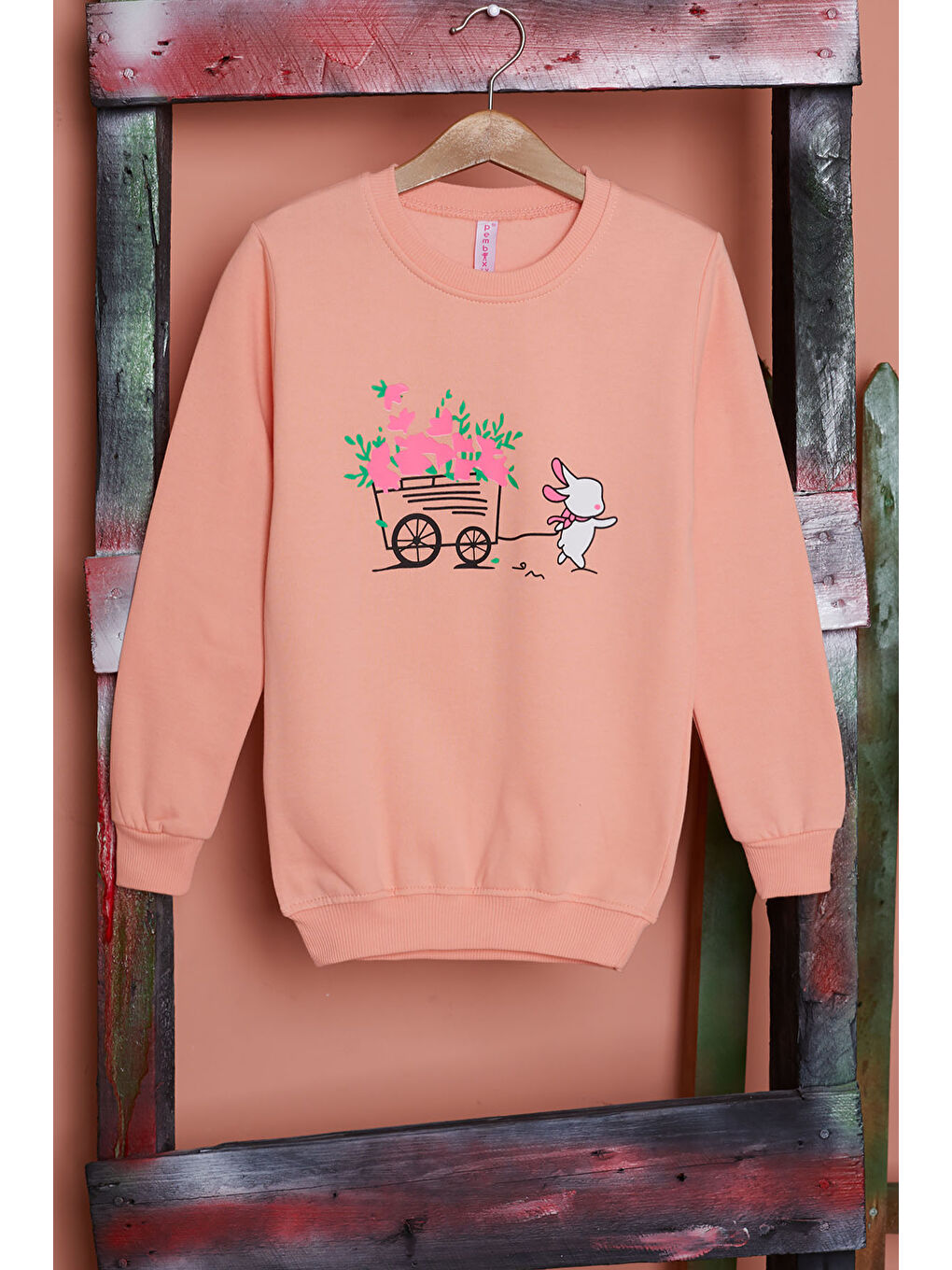 Pembe Life Kids Club Pembe Somon Çiçekli Tavşan Baskılı Kız Çocuk Sweatshirt 17278 - 1