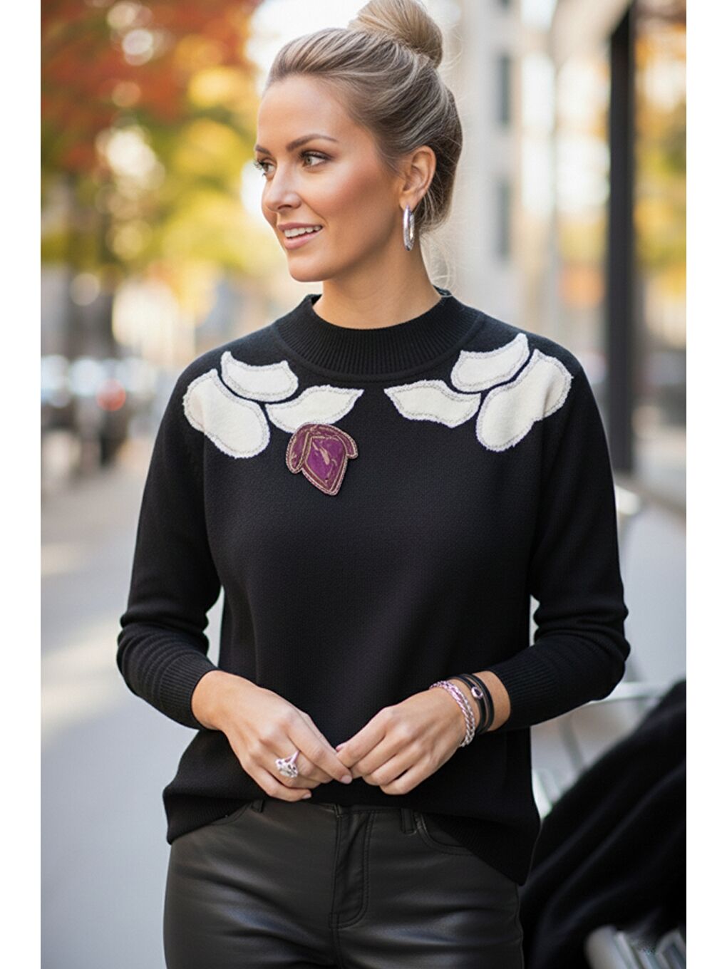 Siyah-Mor Balerin Yaka Uzun Kol Desenli İnce Casual Triko Kazak 65 60