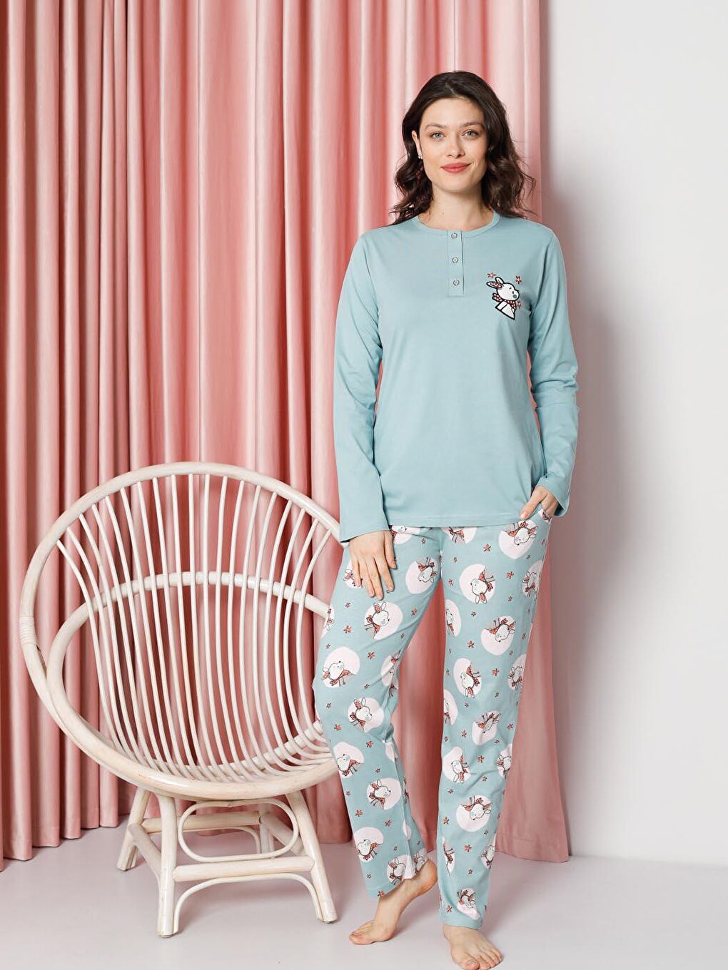 Turkuaz Kadın Pijama Takımı Uzun Kollu Tavşan Desenli Pamuklu Süprem