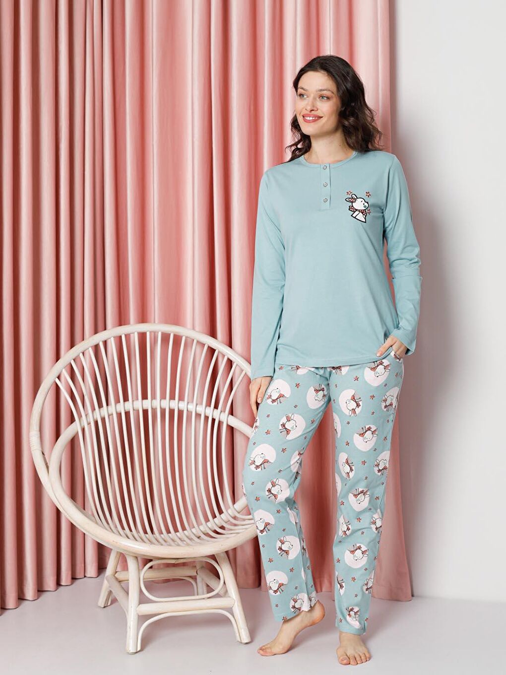 Turkuaz Kadın Pijama Takımı Uzun Kollu Tavşan Desenli Pamuklu Süprem-2