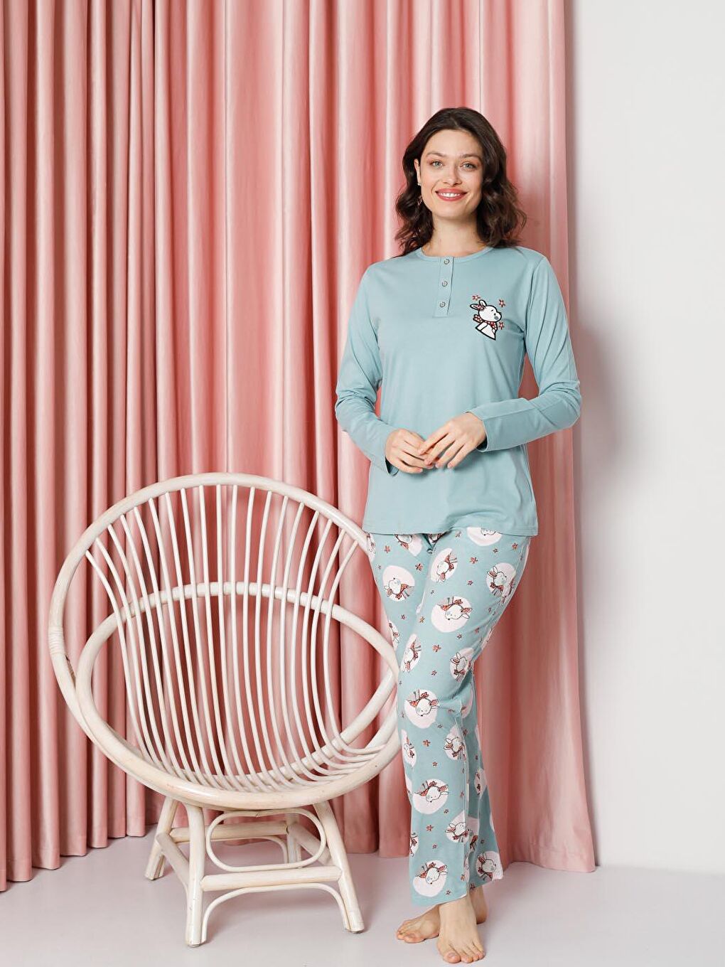 Turkuaz Kadın Pijama Takımı Uzun Kollu Tavşan Desenli Pamuklu Süprem-3