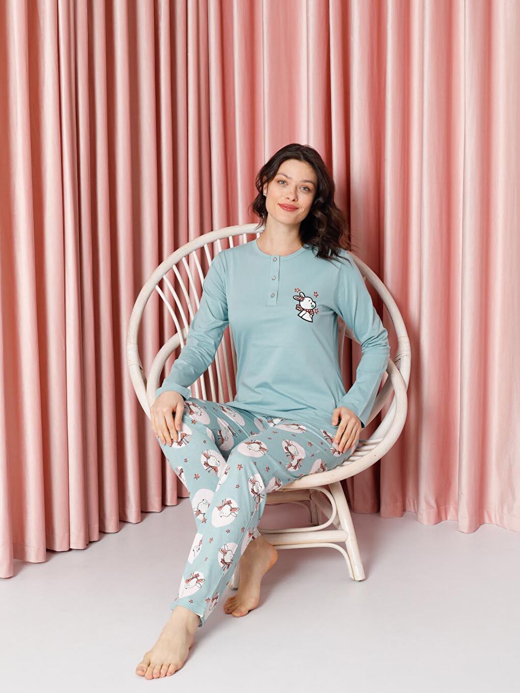 Turkuaz Kadın Pijama Takımı Uzun Kollu Tavşan Desenli Pamuklu Süprem-4