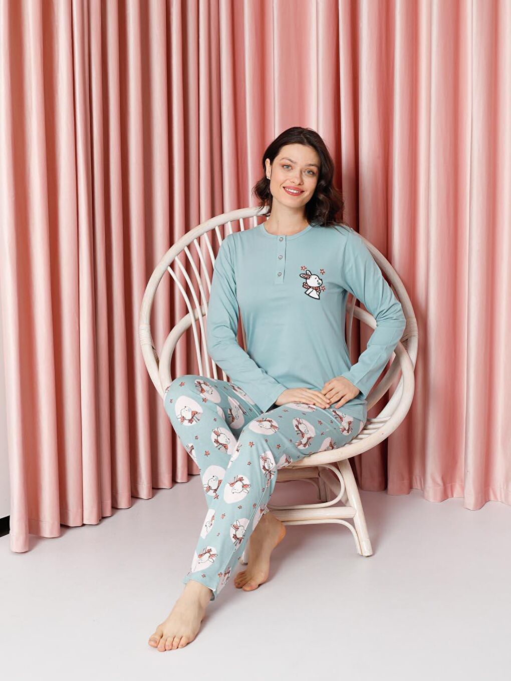 Turkuaz Kadın Pijama Takımı Uzun Kollu Tavşan Desenli Pamuklu Süprem-5