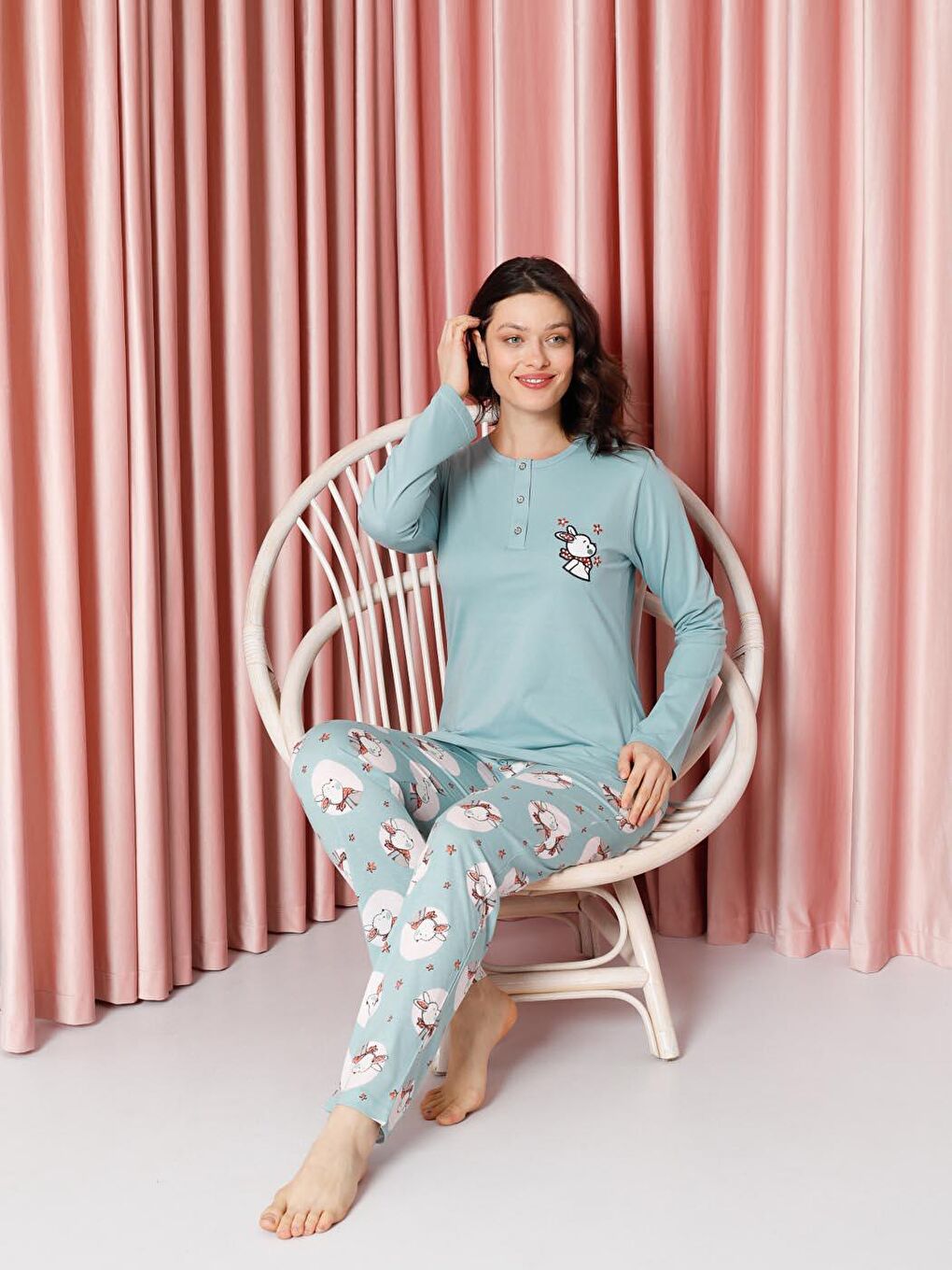 Turkuaz Kadın Pijama Takımı Uzun Kollu Tavşan Desenli Pamuklu Süprem-6
