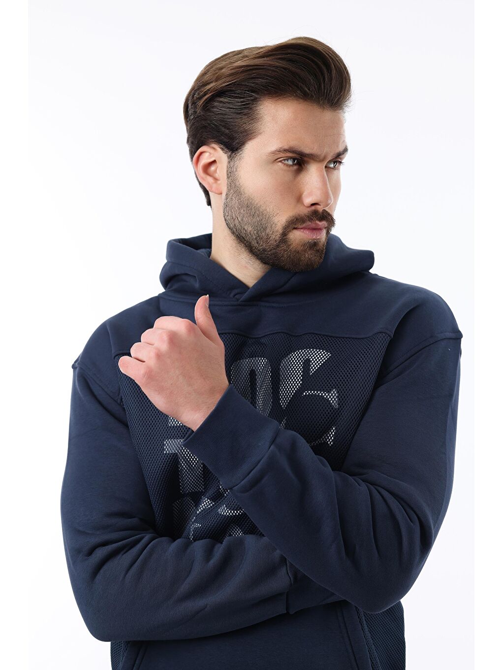 Lacivert Baskılı Kapüşonlu Cep Detaylı Erkek Sweatshirt 7062-1