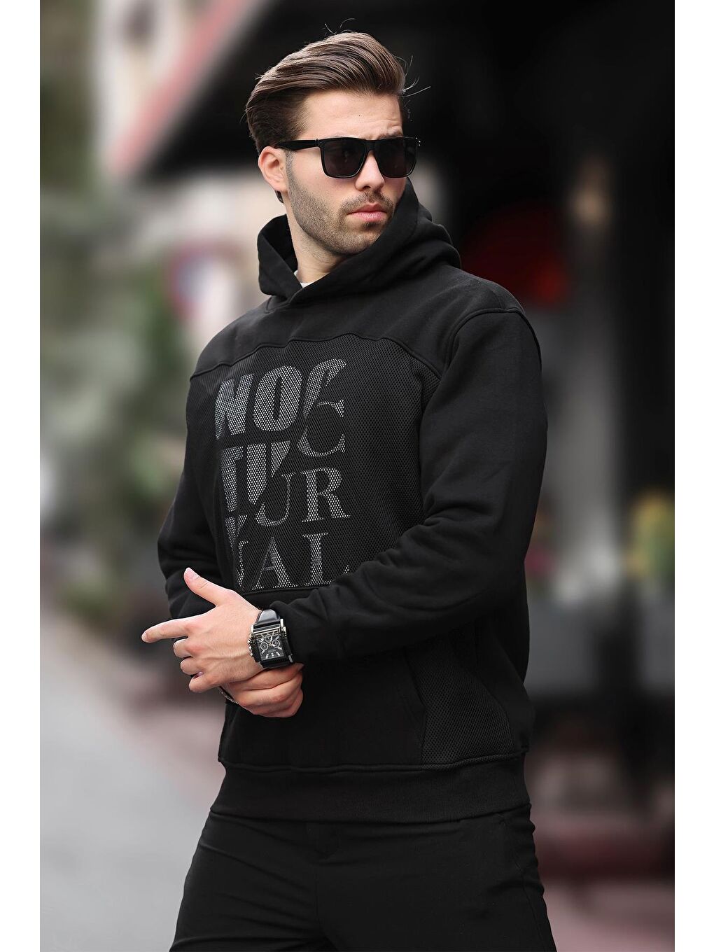 Siyah Baskılı Kapüşonlu Cep Detaylı Erkek Sweatshirt 7062