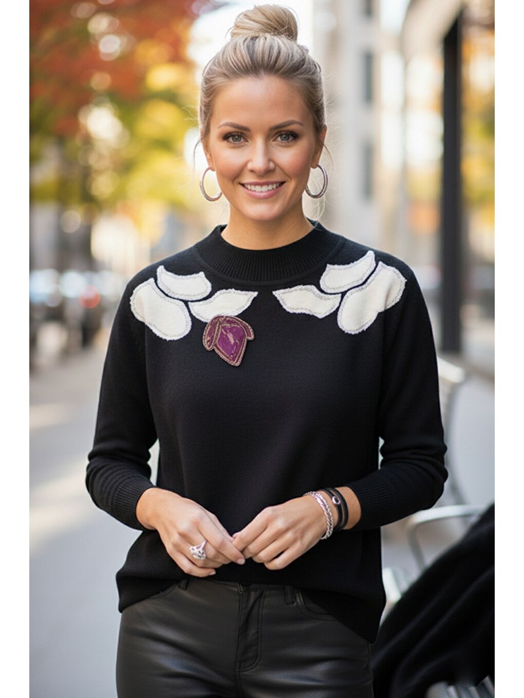 Siyah-Mor Balerin Yaka Uzun Kol Desenli İnce Casual Triko Kazak 65 60-1