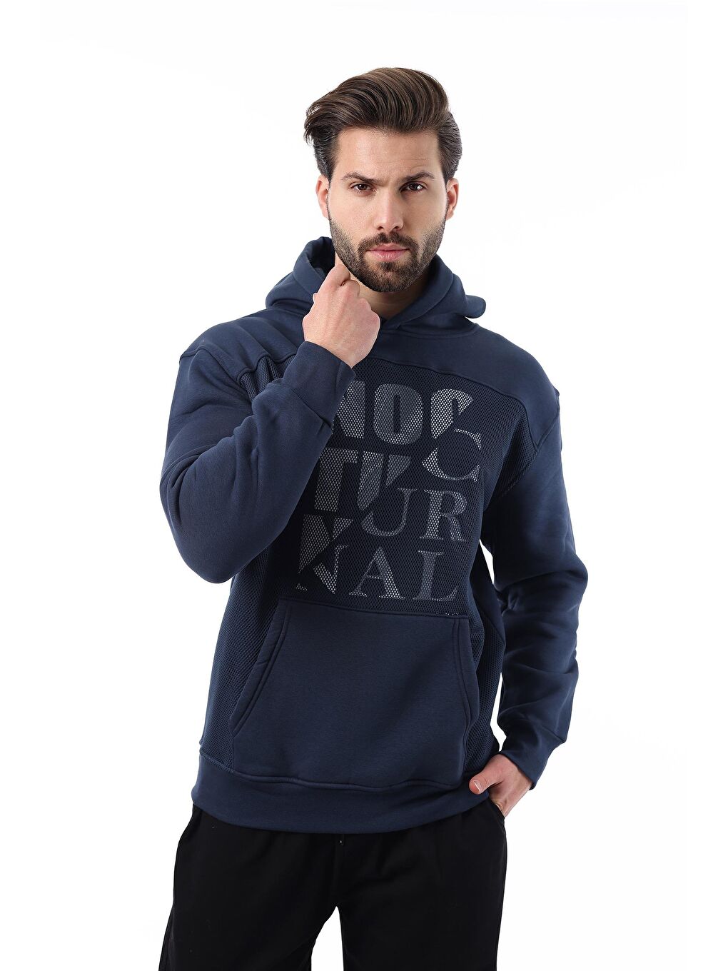 Lacivert Baskılı Kapüşonlu Cep Detaylı Erkek Sweatshirt 7062-2