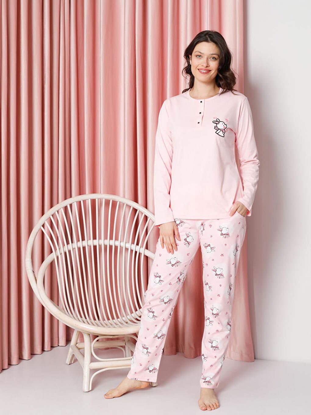 ahengim Pembe Kadın Pijama Takımı Uzun Kollu Tavşan Desenli Pamuklu Süprem