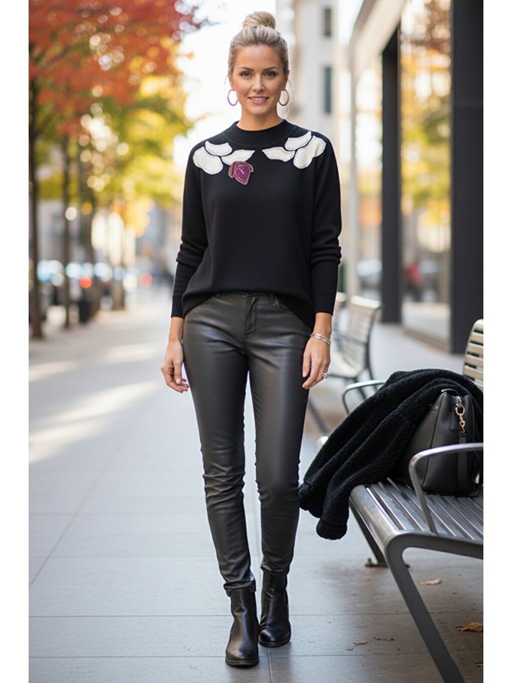 Siyah-Mor Balerin Yaka Uzun Kol Desenli İnce Casual Triko Kazak 65 60-2