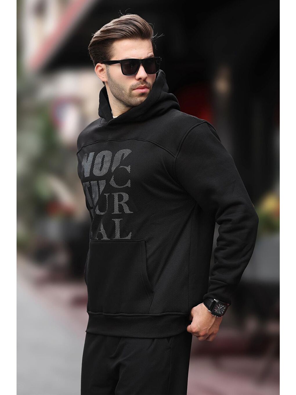 Siyah Baskılı Kapüşonlu Cep Detaylı Erkek Sweatshirt 7062-1
