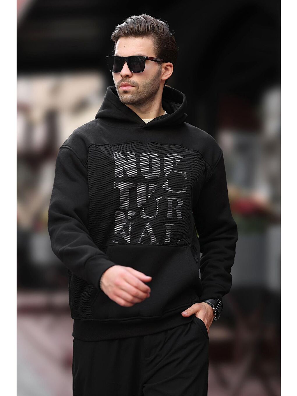 Siyah Baskılı Kapüşonlu Cep Detaylı Erkek Sweatshirt 7062-2