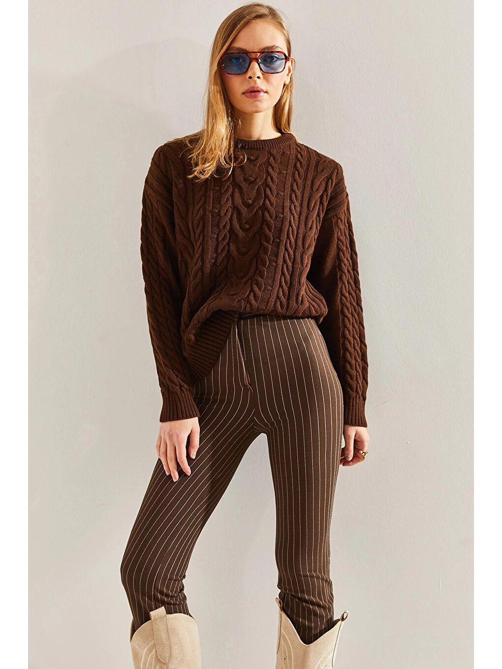 Kahverengi Kadın Desenli Triko Kazak-2