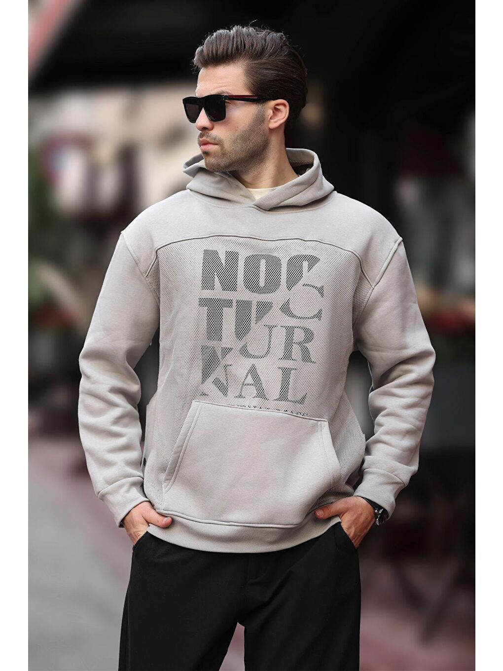 Boyalı Gri Baskılı Kapüşonlu Cep Detaylı Erkek Sweatshirt 7062