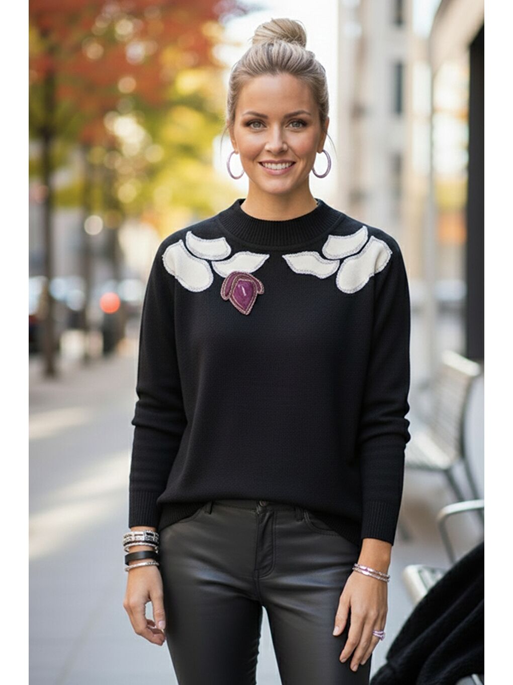 Siyah-Mor Balerin Yaka Uzun Kol Desenli İnce Casual Triko Kazak 65 60-3