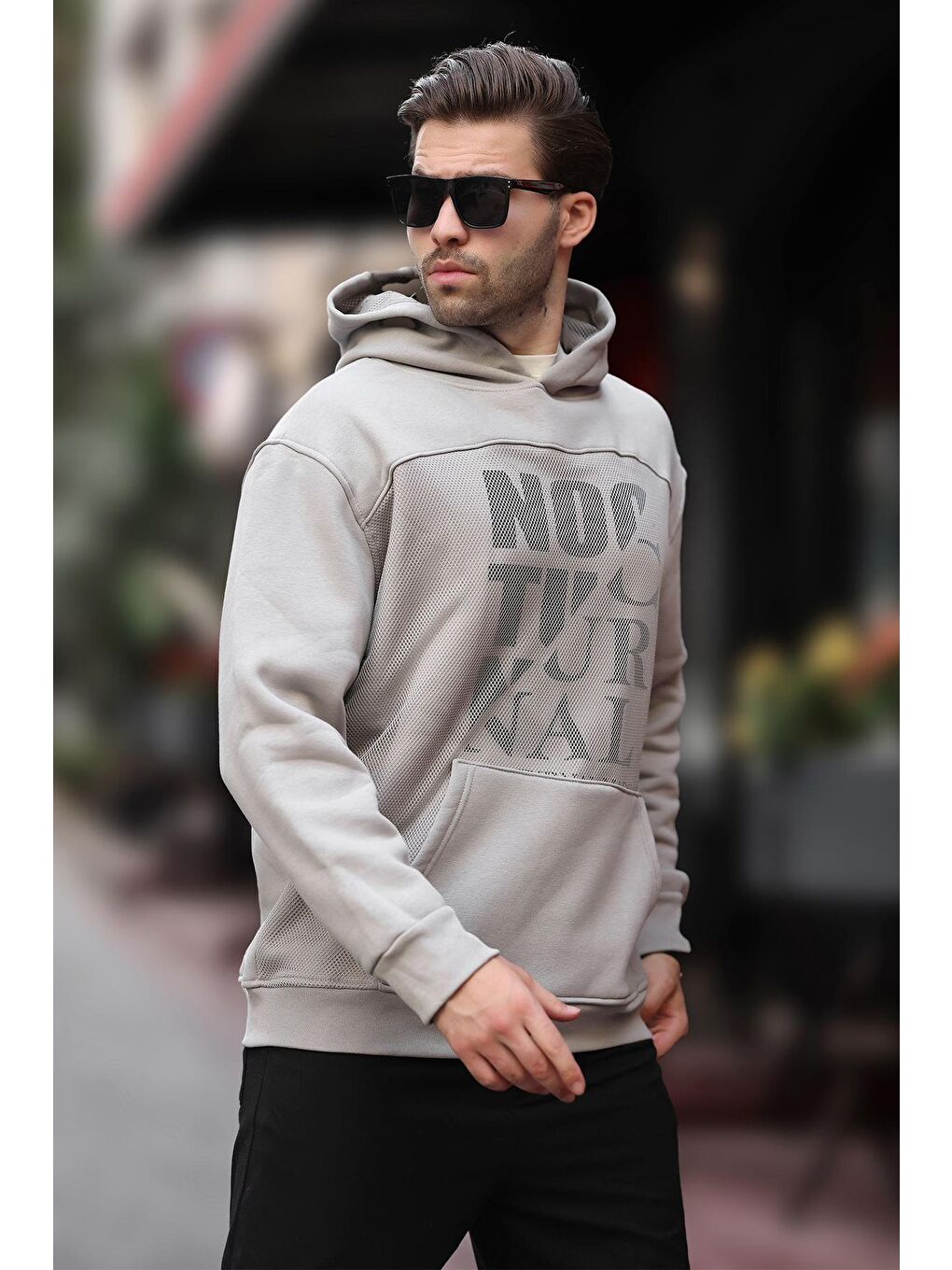 Boyalı Gri Baskılı Kapüşonlu Cep Detaylı Erkek Sweatshirt 7062-1