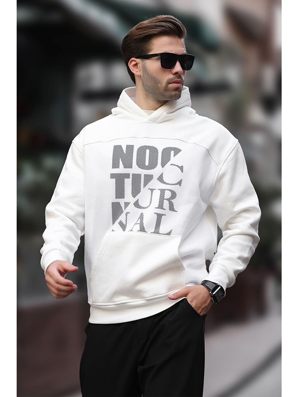 Ekru Baskılı Kapüşonlu Cep Detaylı Erkek Sweatshirt 7062
