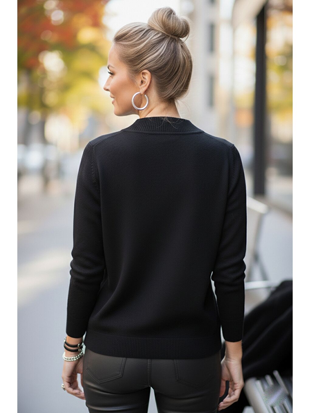 Siyah-Mor Balerin Yaka Uzun Kol Desenli İnce Casual Triko Kazak 65 60-4