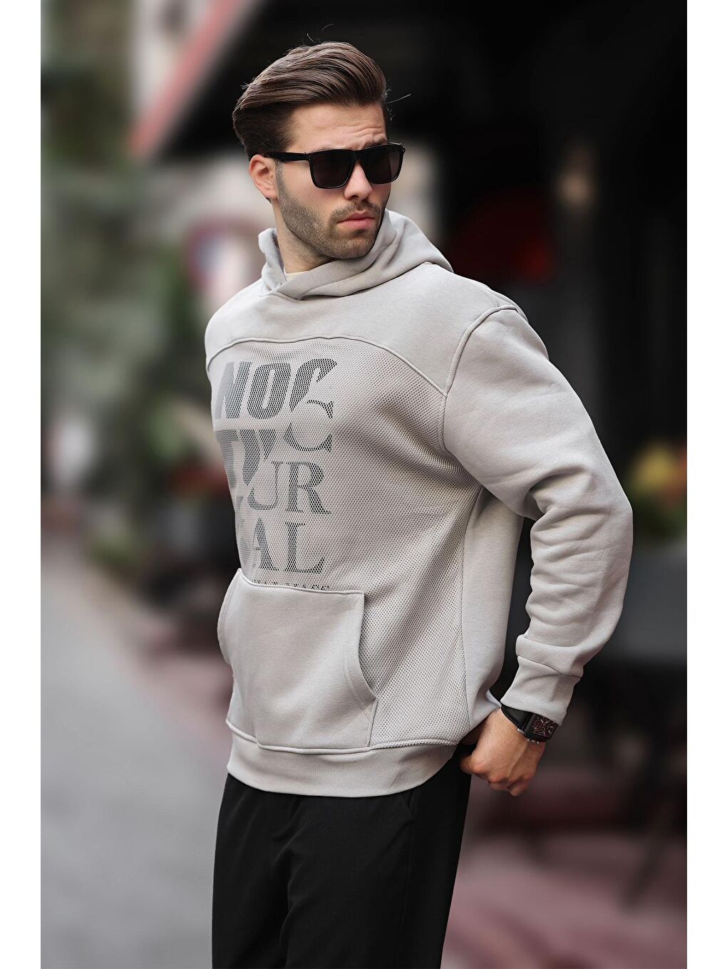 Boyalı Gri Baskılı Kapüşonlu Cep Detaylı Erkek Sweatshirt 7062-2