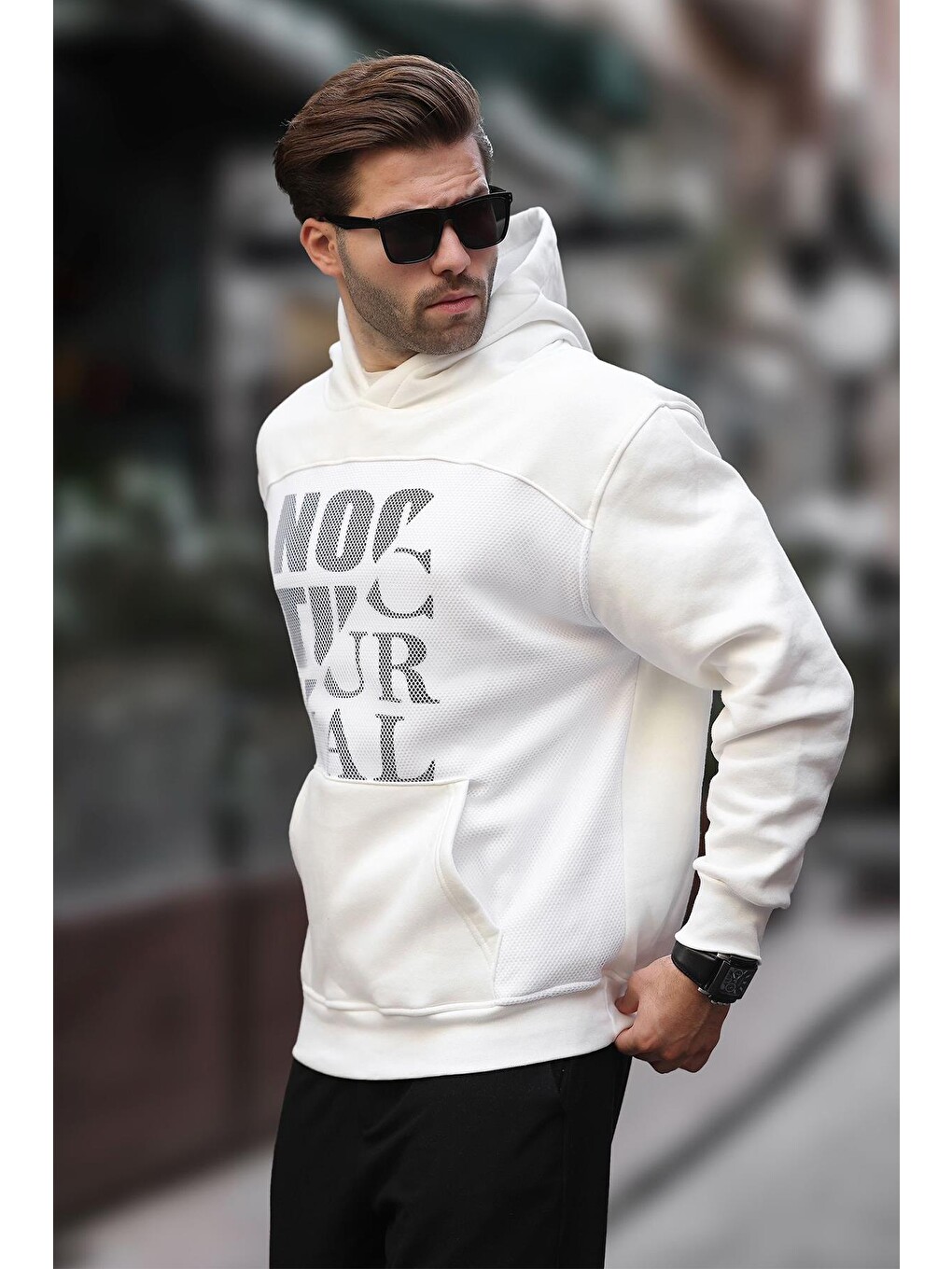 Ekru Baskılı Kapüşonlu Cep Detaylı Erkek Sweatshirt 7062-1