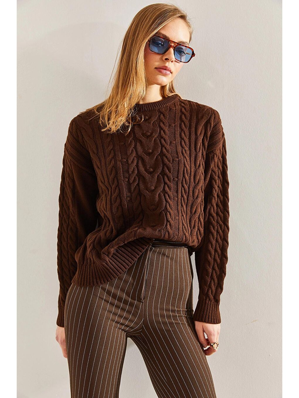 Kahverengi Kadın Desenli Triko Kazak-3