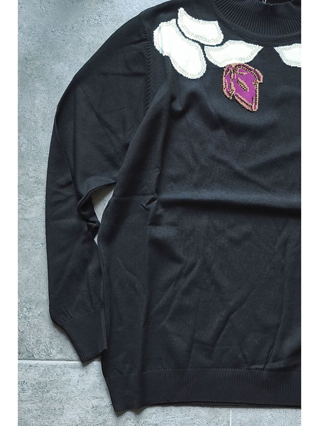 Siyah-Mor Balerin Yaka Uzun Kol Desenli İnce Casual Triko Kazak 65 60-5