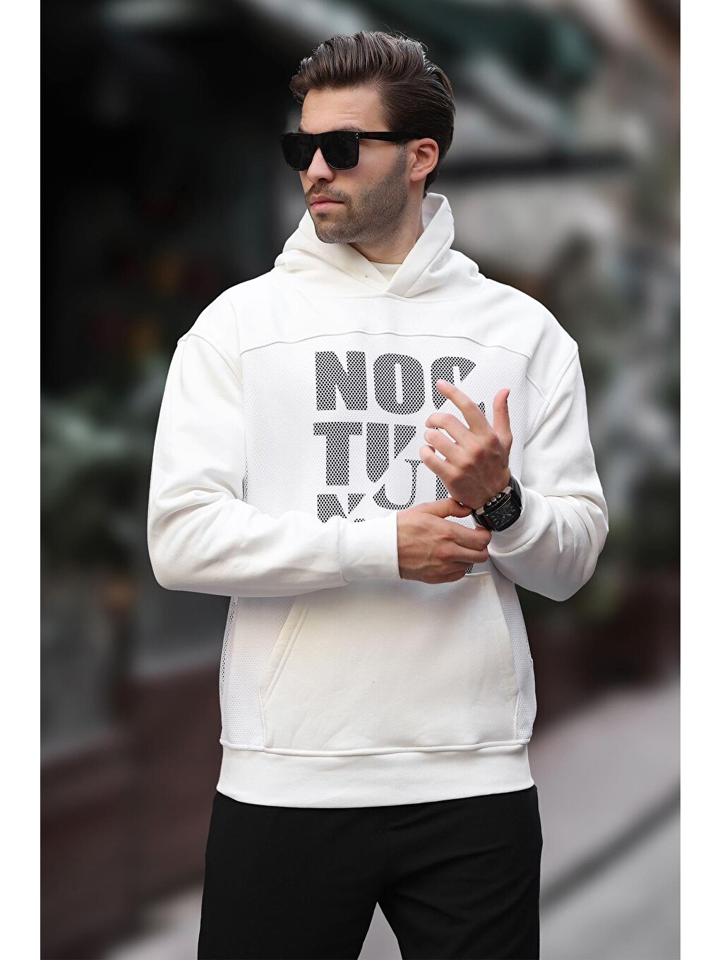 Ekru Baskılı Kapüşonlu Cep Detaylı Erkek Sweatshirt 7062-2