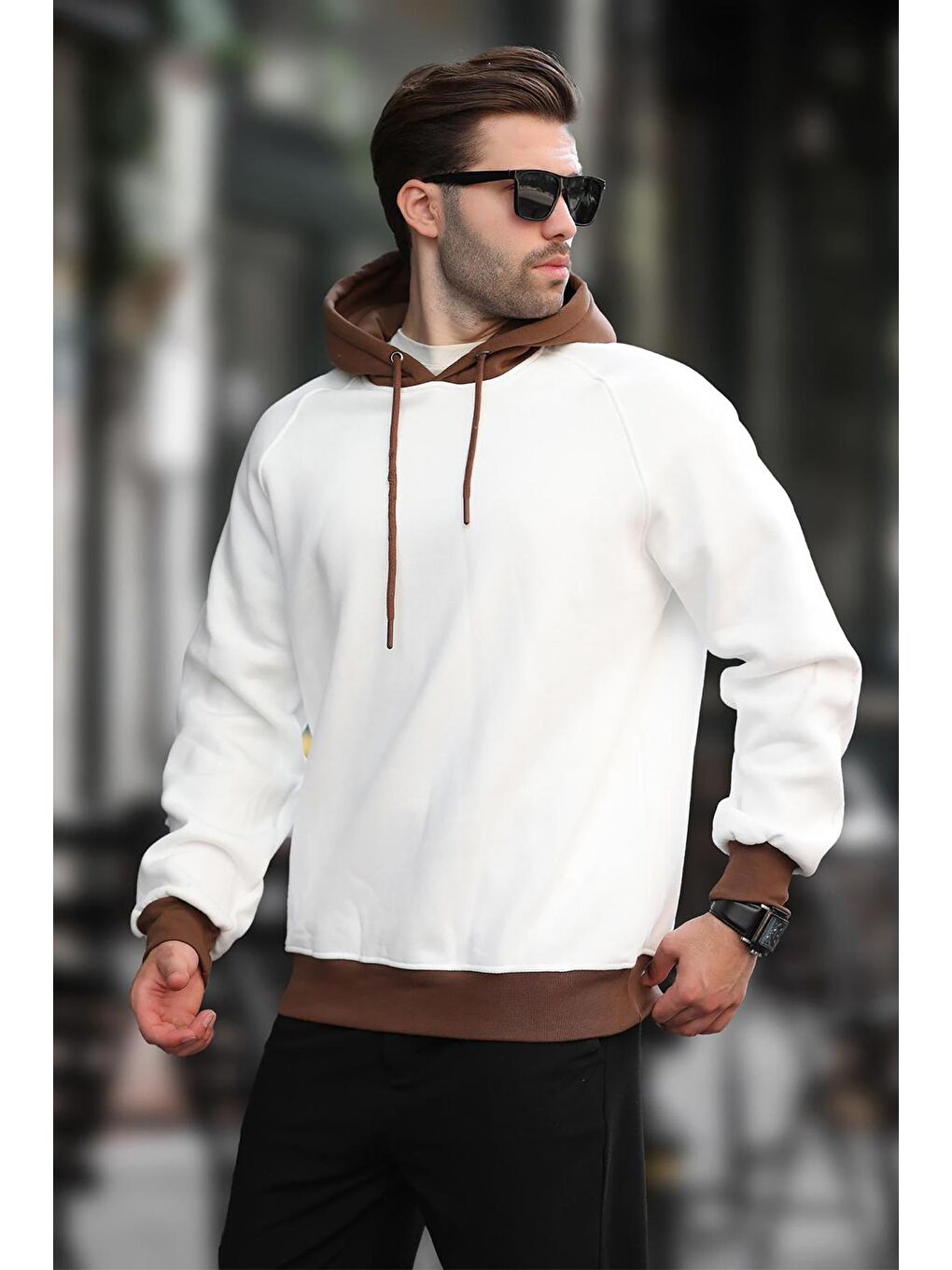 Ekru Renk Bloklu Kapüşonlu Sweatshirt 7073-1