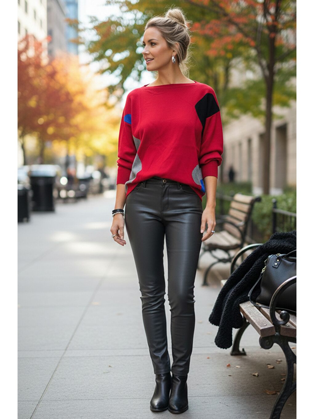 Kırmızı Kayık Yaka Uzun Kol Desenli İnce Casual Triko Kazak 65 60-2