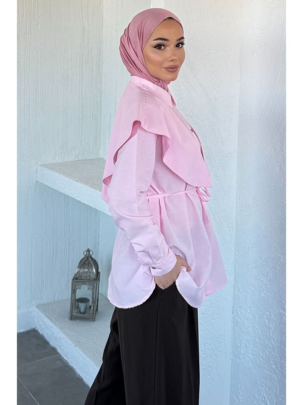 Pembe Yaka Detaylı Bel Bağcıklı Tesettür Gömlek-6