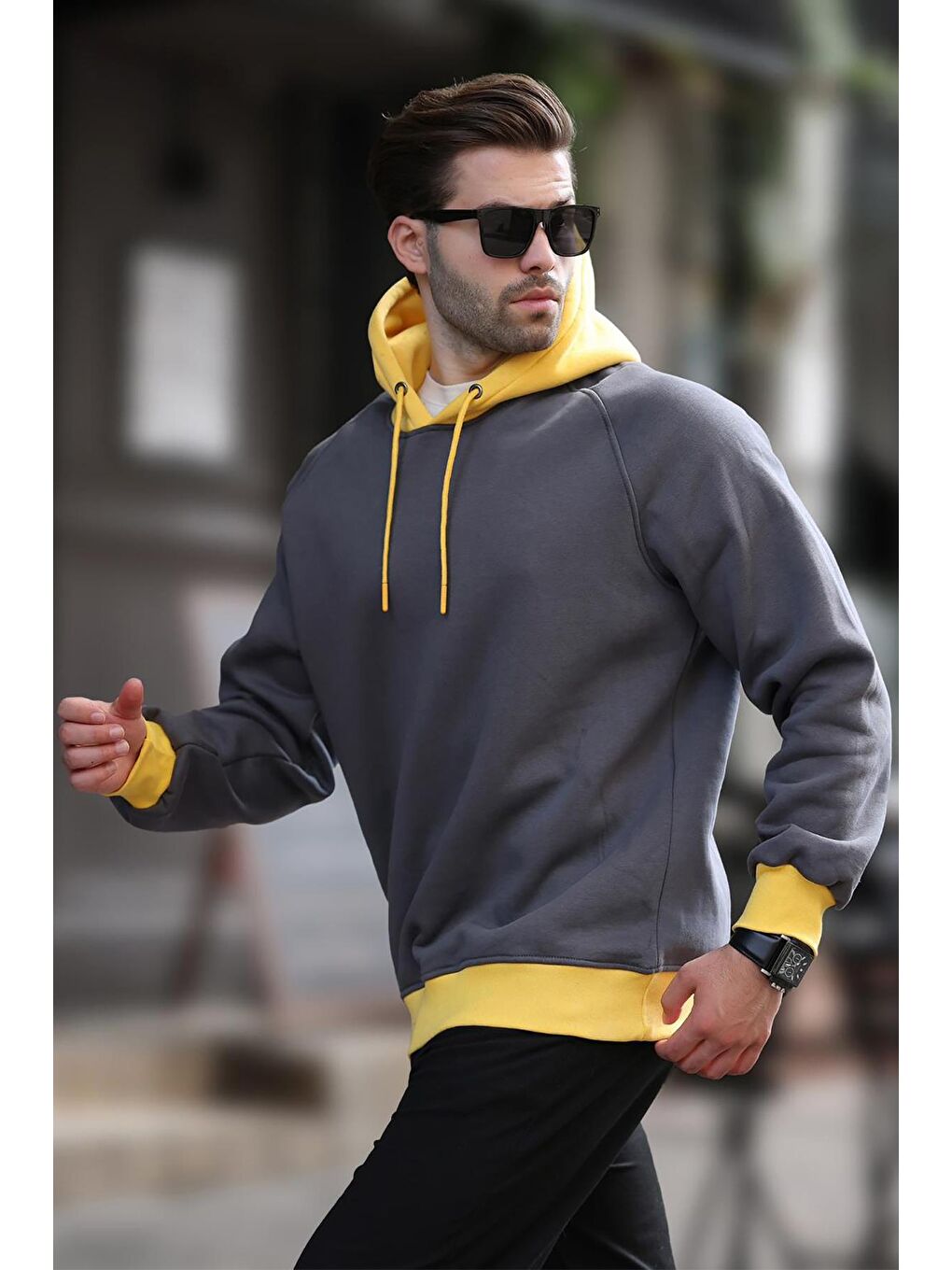 Gri Füme Renk Bloklu Kapüşonlu Sweatshirt 7073