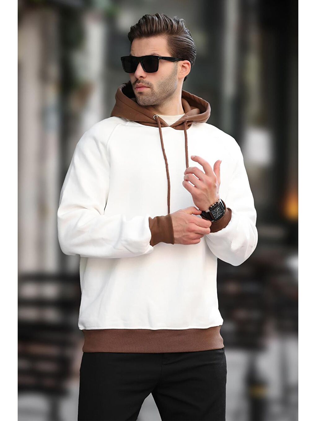 Ekru Renk Bloklu Kapüşonlu Sweatshirt 7073-2