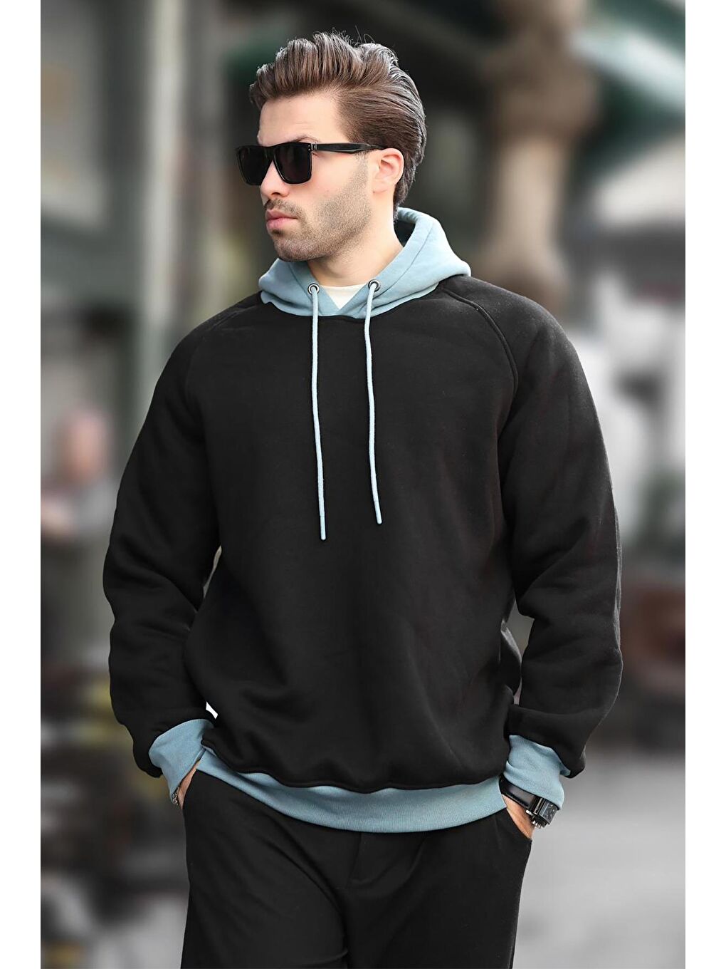 Siyah Renk Bloklu Kapüşonlu Sweatshirt 7073-2