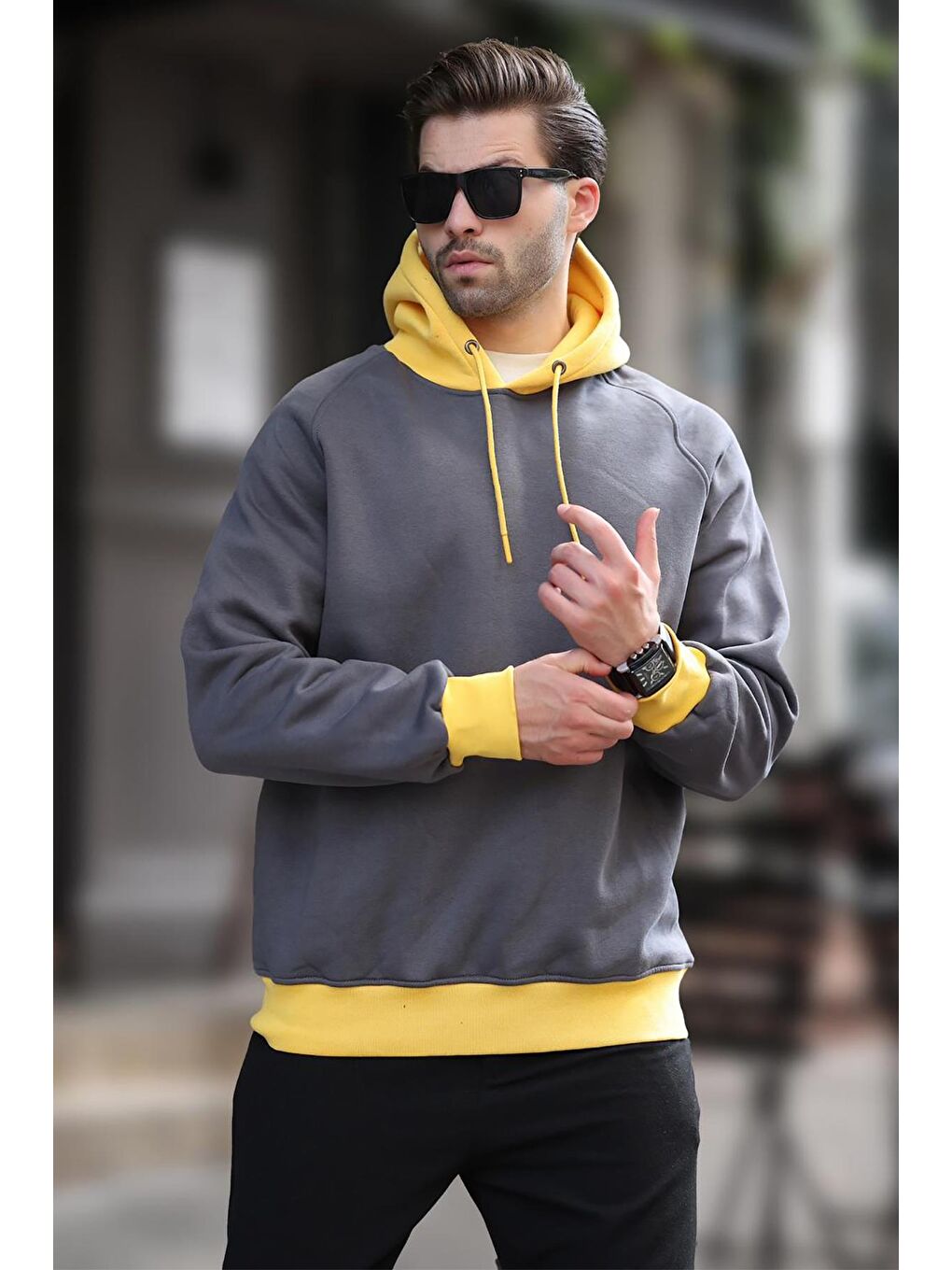 Gri Füme Renk Bloklu Kapüşonlu Sweatshirt 7073-1