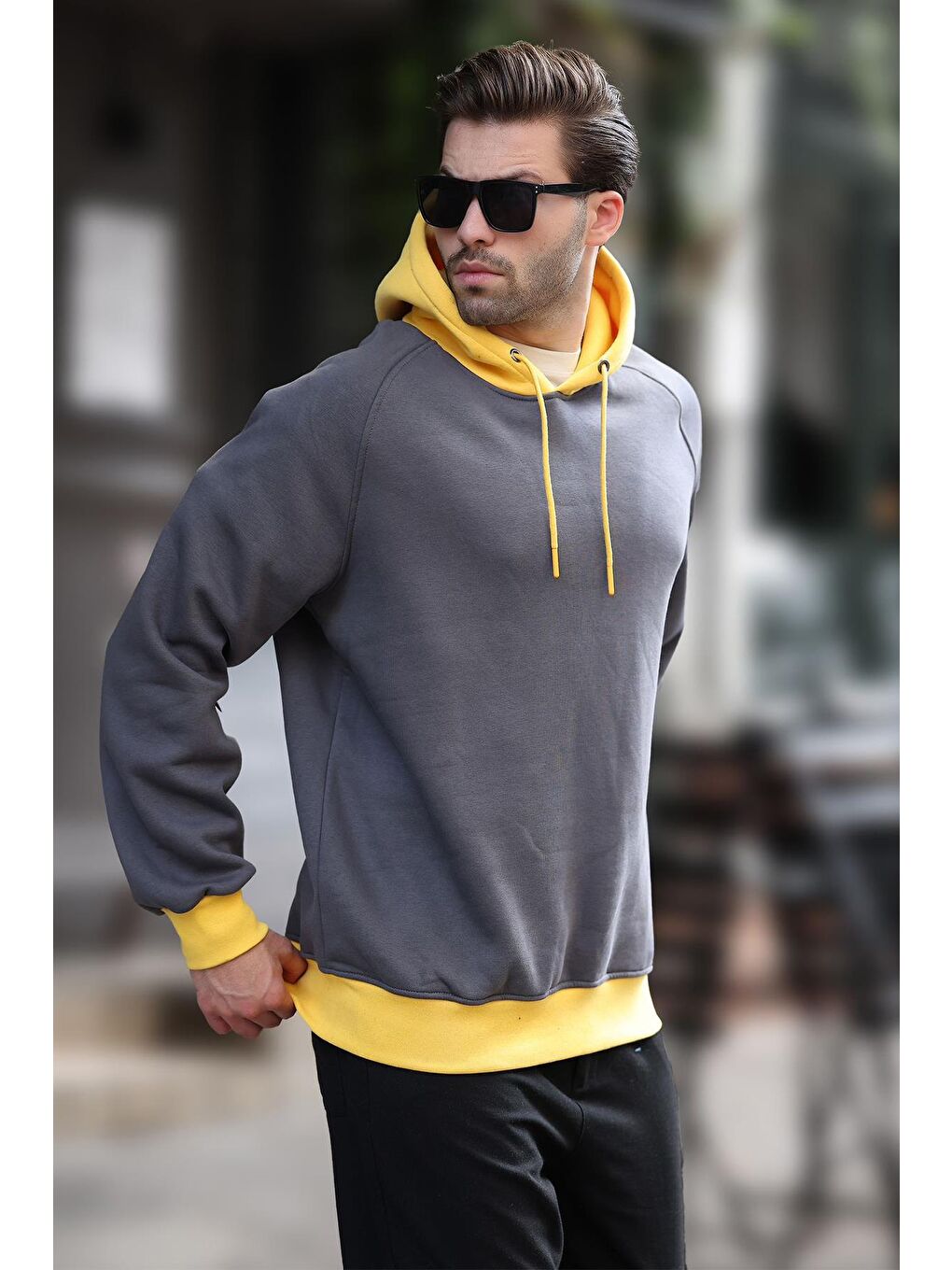 Gri Füme Renk Bloklu Kapüşonlu Sweatshirt 7073-2