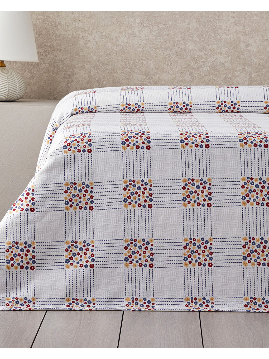 Daisy Plaid Baskılı Pamuklu Çift Kişilik Pike 200x220 cm Mavi-1